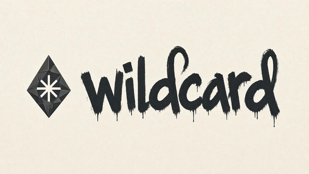 Board v3 from the run: a faceted gray stone diamond with a white eight-arm asterisk, beside the word wildcard in dripping black graffiti lettering on textured cream paper.